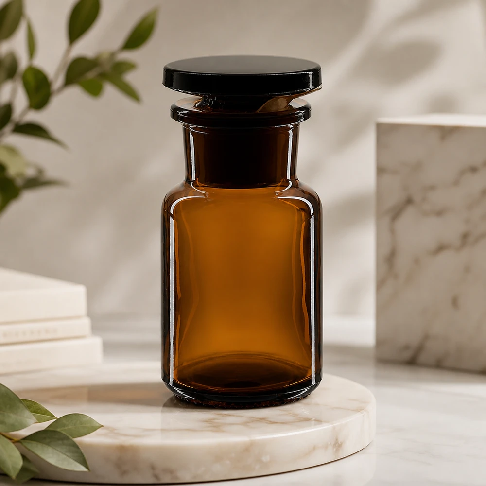 Bouteille classique à épaules arrondies, 50 ml, marron, à col large et bouchon en verre, posée sur un socle en marbre