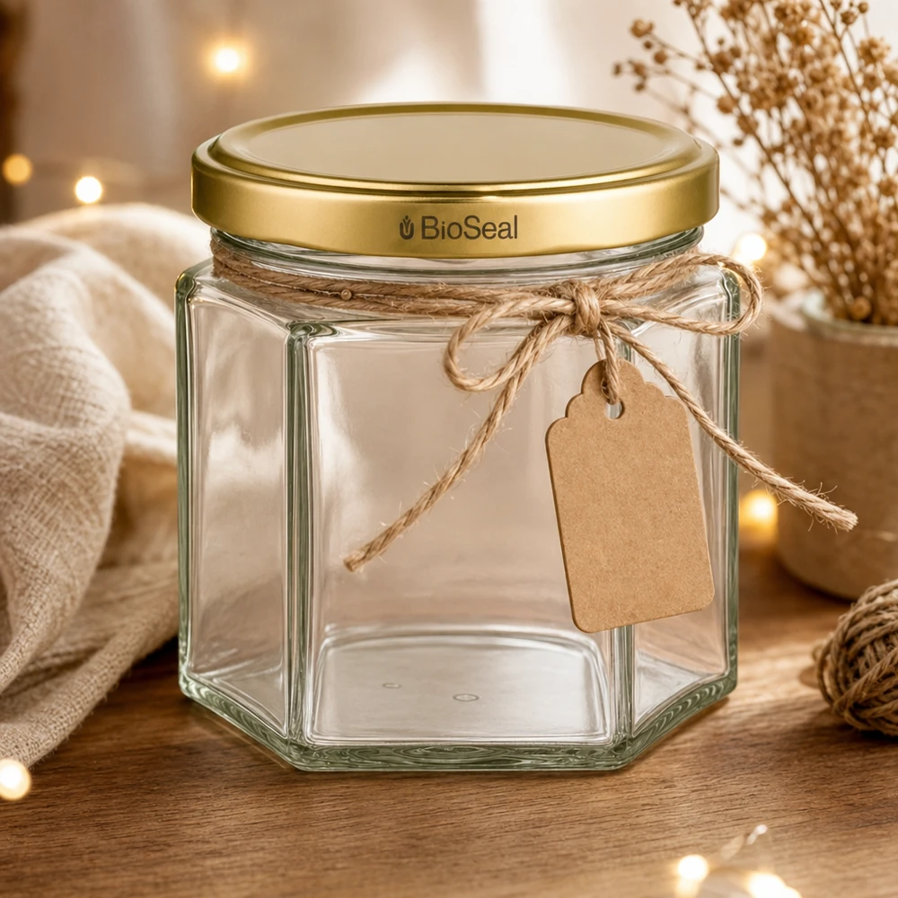 47ml Verre hexagonal avec couvercle BioSeal or UNiTWIST UNiTWIST Hexa47 Récipient en verre avec couvercle BioSeal doré et étiquette cadeau dans une ambiance chaleureuse
