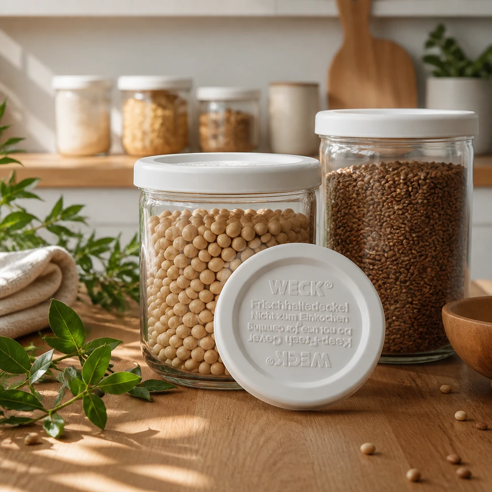 Couvercle fraîcheur WECK RR40 WECK Couvercle de conservation des aliments frais RR40 dans la cuisine avec des bocaux de stockage remplis de légumes secs pour une conservation optimale des aliments