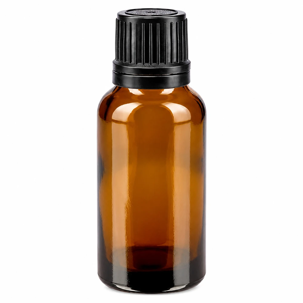 Flacon en verre brun de 20ml avec bouchon vissable noir et bague verseuse Flacon en verre ambré de 20 ml avec bouchon OV noir, verre de pharmacie de 8 mm, vide