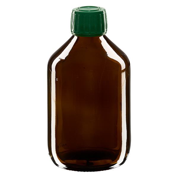 Flacon médical 300 ml couleur ambrée avec bouchon verte Flacon médical 300 ml couleur ambrée avec bouchon verte