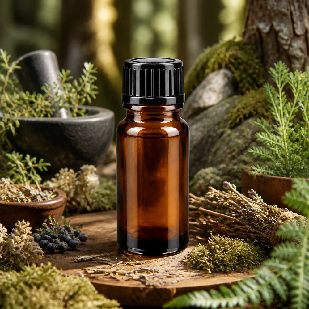 Flacon en verre brun de 10 ml muni d'un bouchon compte-gouttes noir, au milieu d'herbes des bois et de mousse