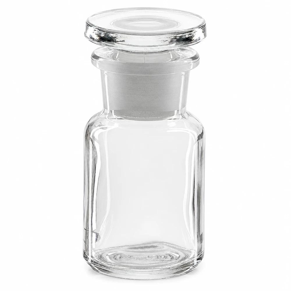 Flacon pharmaceutique 50 ml col large + bouchon verre clair Flacon transparent à épaulement arrondi de 50 ml, muni d'un bouchon en verre et d'un goulot large, destiné aux laboratoires et aux pharmacies