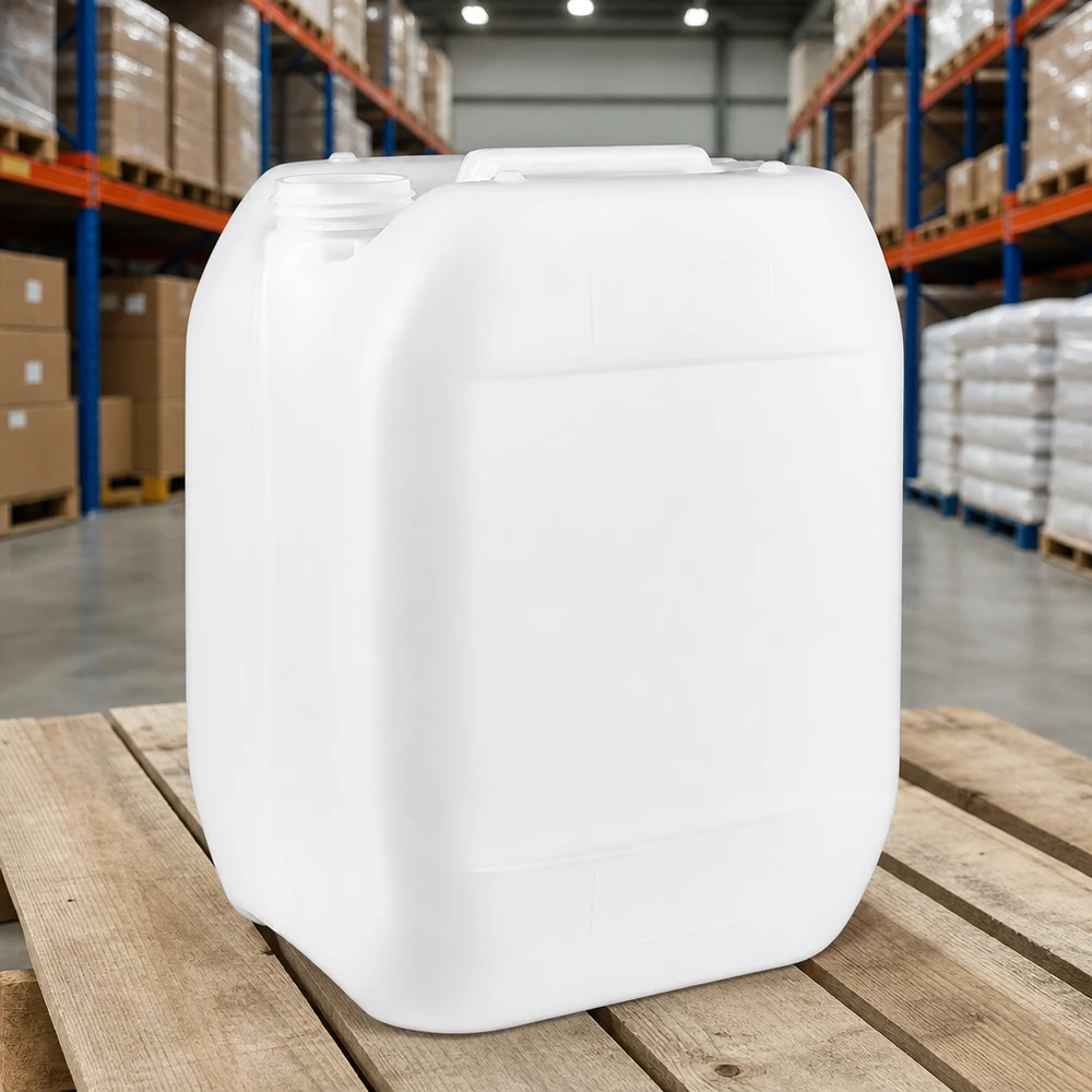 Jerrican de 10 litres sans bouchon Bidon plat blanc de 10 litres sans bouchon, muni d'une poignée de transport, sur une palette en bois en stock