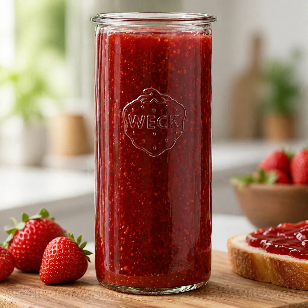 Bocal en verre WECK RR100 de 1 500 ml Pot renversé WECK RR100 de 1500 ml rempli de confiture de fraises rouges à côté de fraises fraîches et de pain sur une table en bois