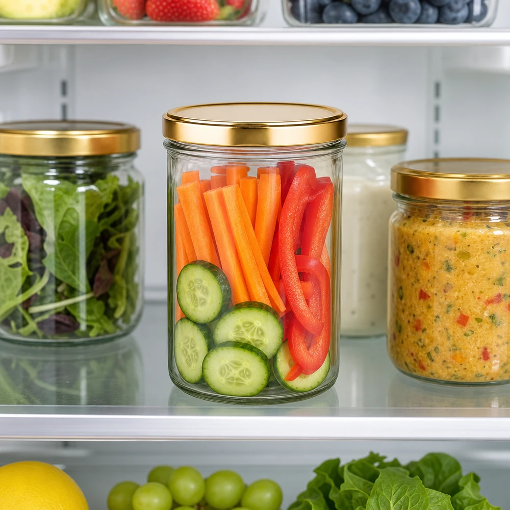Pot renversé de 277ml avec couvercle doré UNiTWIST au réfrigérateur avec des légumes coupés en morceaux Carottes Poivrons Concombres