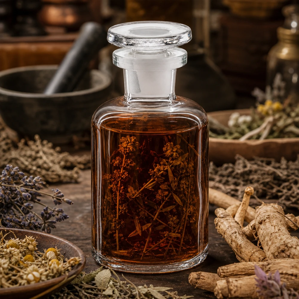Flacon de pharmacie historique de 50 ml, transparent, avec bouchon en verre et teinture à base de plantes, à col étroit et épaules arrondies