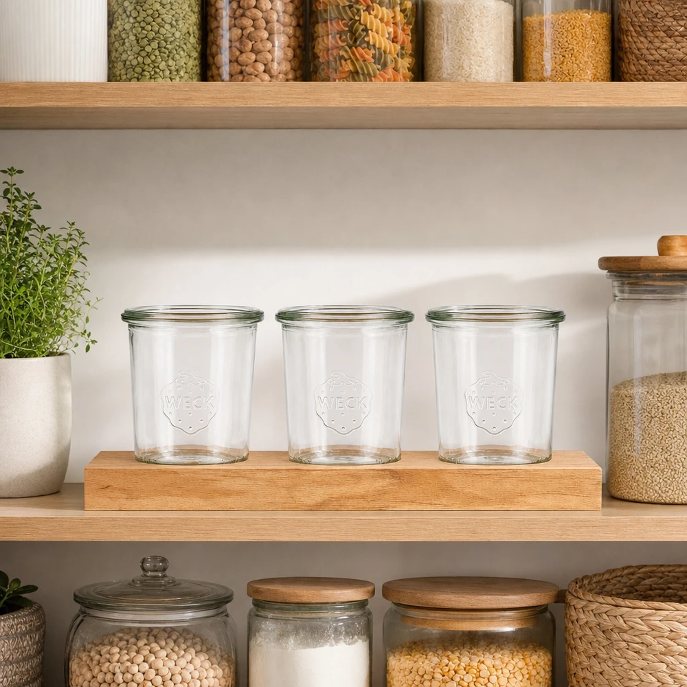 Plateau de service Plano3 avec 3 bocaux Weck de 160 ml Pots Weck 160ml vides sur planche de service Plano3 dans une cuisine organisée avec des récipients à épices