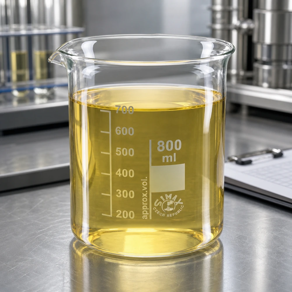 Verre de laboratoire 800ml en verre borosilicaté robuste avec liquide de test jaune sur table de laboratoire