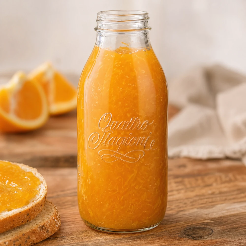 Bouteille à col large 1000ml Quattro Stagioni avec jus d'orange frais sur table en bois avec tranches d'orange
