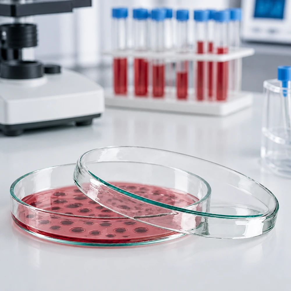 Boîte de Pétri en verre de 100 x 10 mm contenant un milieu de culture rouge et des colonies, dans un laboratoire de microbiologie