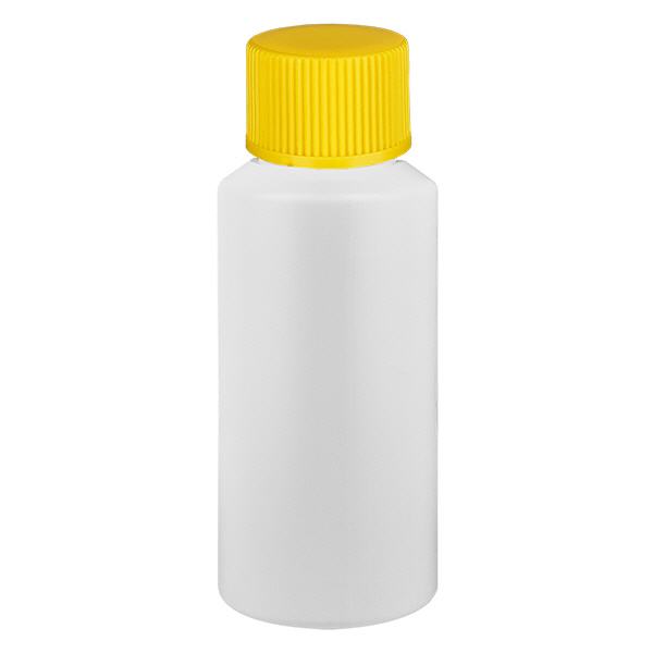 Flacon de pharmacie HDPE 30ml blanc avec bouchon vissable jaune Flacon de pharmacie HDPE 30ml blanc avec bouchon vissable jaune