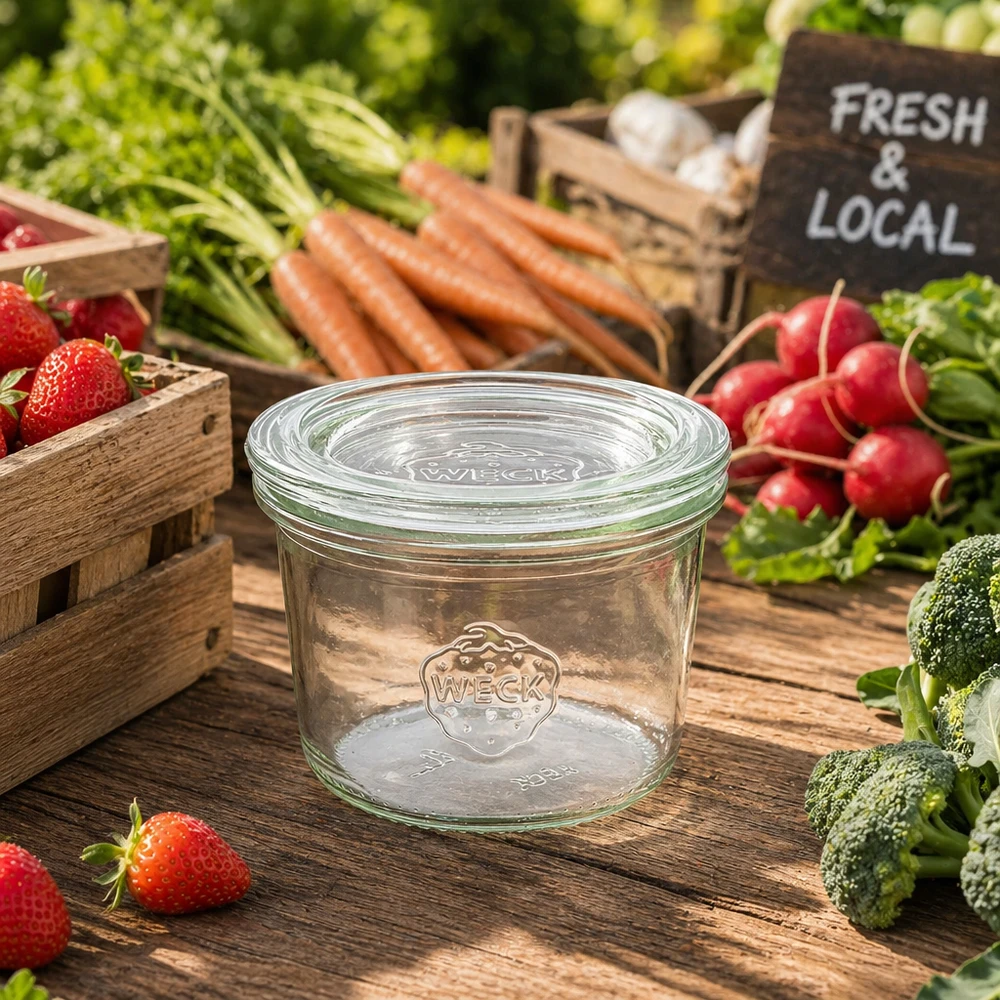 WECK Verre renversé 80ml RR60 entouré de fruits et légumes frais sur table en bois Farmers Market Fresh Local Schild