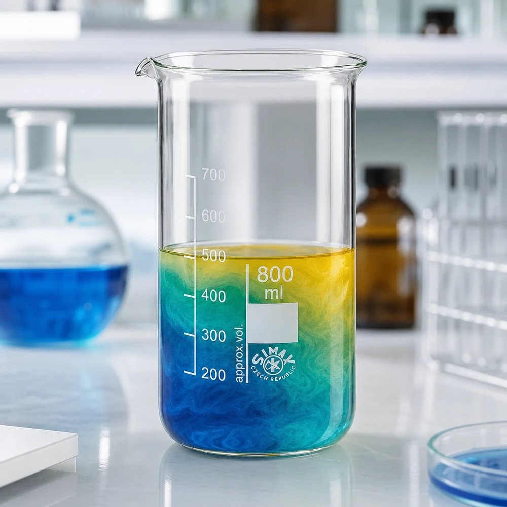 Bécher 800ml en verre borosilicate résistant à la chaleur (forme haute) Bécher de 800 ml, de forme haute, contenant un liquide aux nuances colorées allant du bleu au jaune, dans un laboratoire