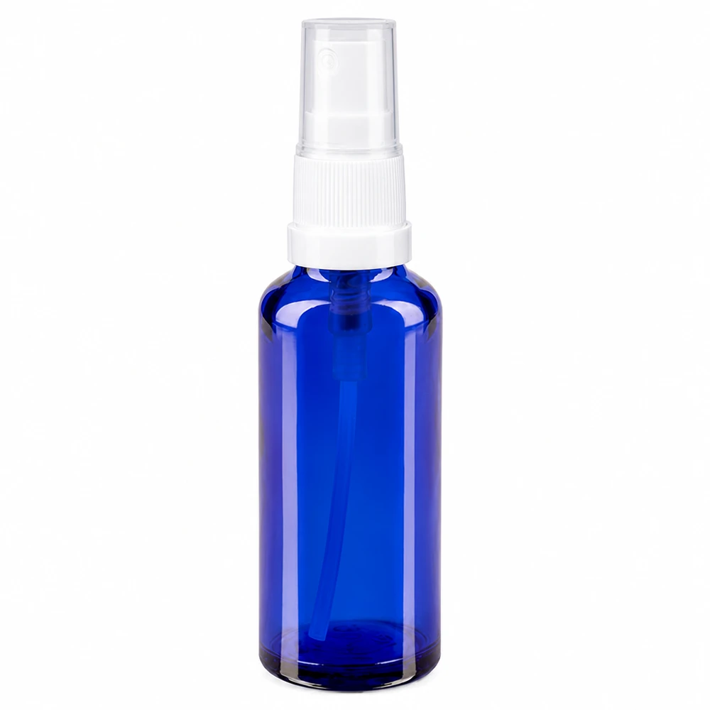 Flacon en verre de pharmacie bleu de 10 ml, muni d'un vaporisateur blanc et d'un bouchon de protection transparent