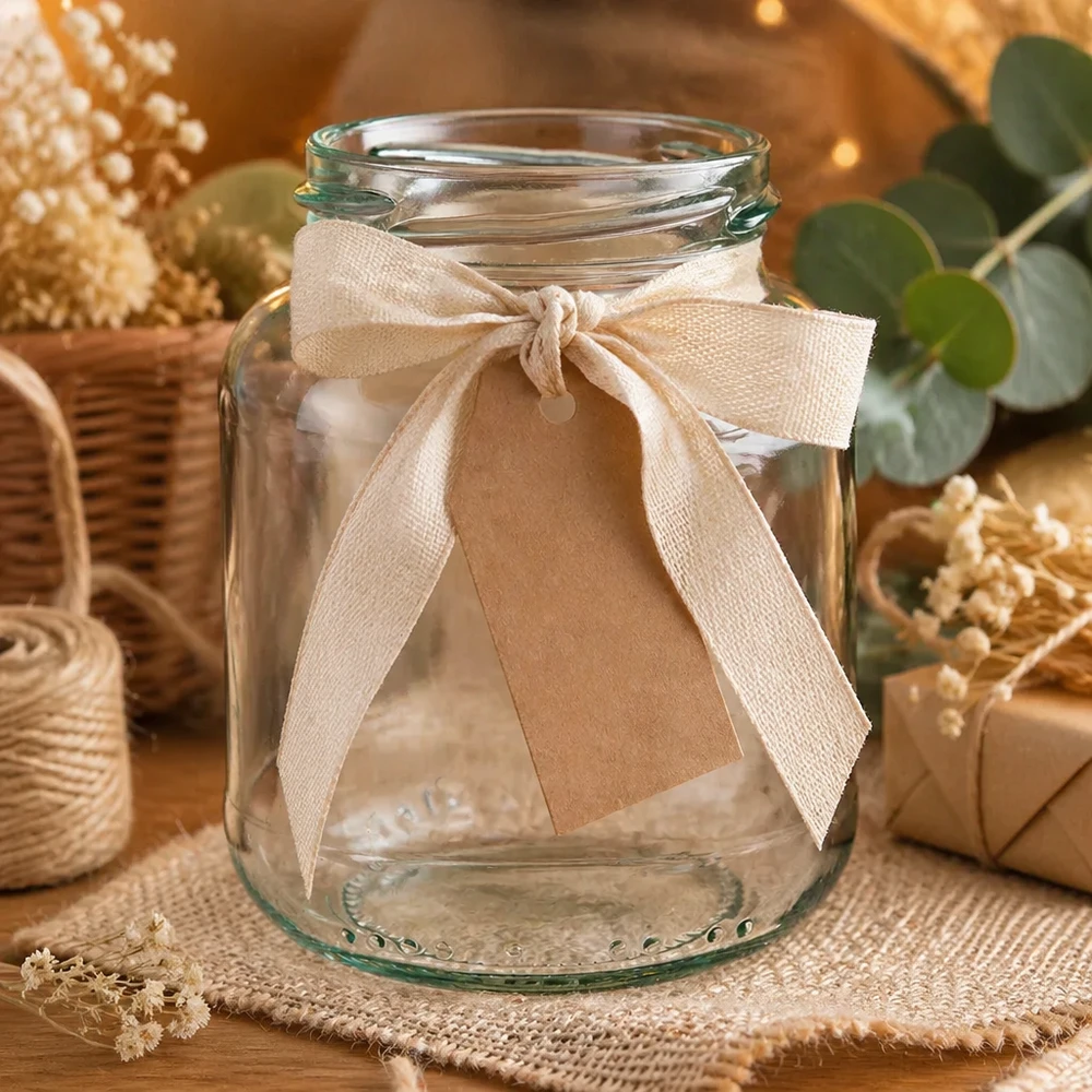 370ml Verre ovale sans couvercle (TO66) UNiTWIST UNiTWIST Oval370 Pot de conservation 370ml TO66 avec ruban et pendentif comme emballage cadeau sur toile de jute