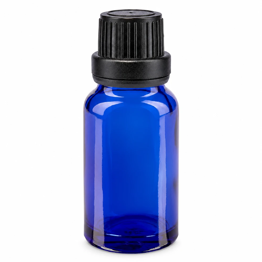 Flacon de pharmacie bleu 10ml bouchon inviolable blanc 2mm bouchon inviolabilité Flacon en verre bleu de 10 ml muni d'un bouchon d'inviolabilité noir et d'un compte-gouttes de 2 mm en verre de pharmacie