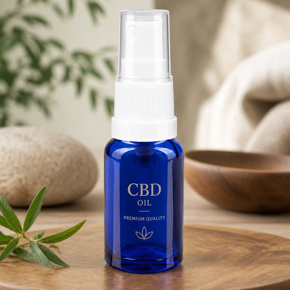 Flacon vaporisateur de 10 ml en verre d'apothicaire bleu, muni d'une pompe, pour l'huile de CBD et les cosmétiques naturels