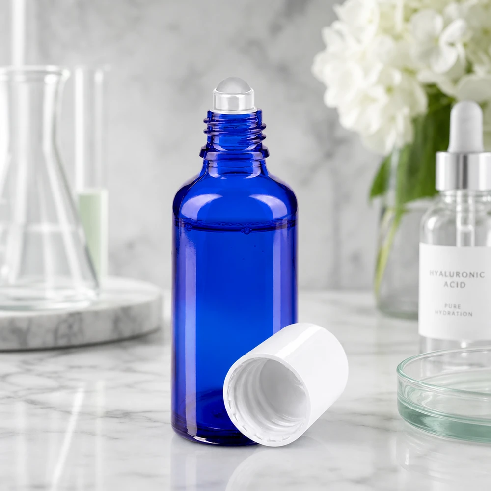 Flacon de pharmacie bleu 50ml Roll-On bouchon blanc Flacon en verre de pharmacie bleu de 50 ml, ouvert, muni d'un applicateur à bille, à côté d'un sérum à l'acide hyaluronique