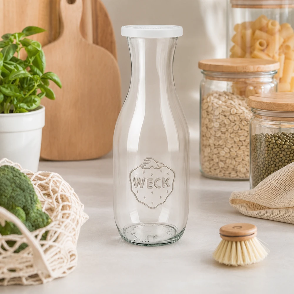 Bouteille de jus WECK 1062ml dans une cuisine durable zéro déchet avec des bocaux à provisions et des ustensiles écologiques
