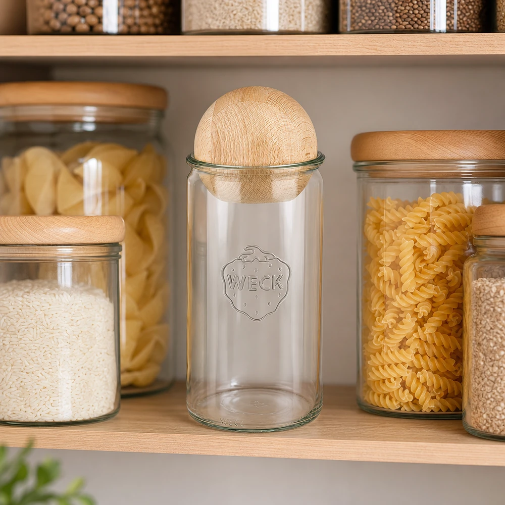 1590ml bocal cylindrique WECK RR100 avec boule en bois en hêtre WECK Pot cylindrique 1590ml RR100 avec boule en bois dans une cuisine à provisions organisée à côté du riz, des pâtes et d'autres aliments