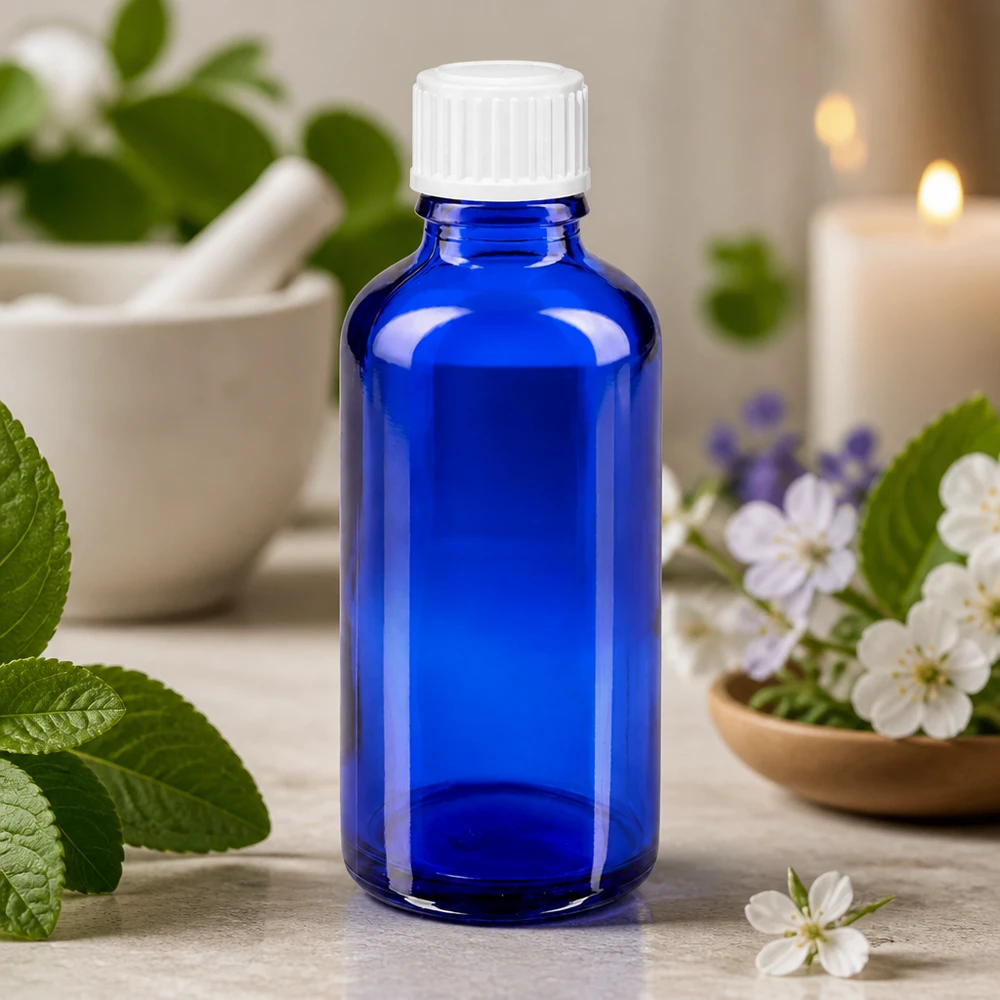 Flacon en verre bleu de 50 ml avec un bouchon à vis blanc, entouré d'herbes aromatiques et de fleurs fraîches