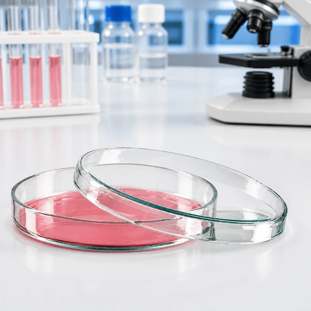 Boîte de Petri en verre 100 x 15 mm Boîte de Pétri en verre de 100 x 15 mm contenant un milieu de culture cellulaire rose dans un environnement de laboratoire