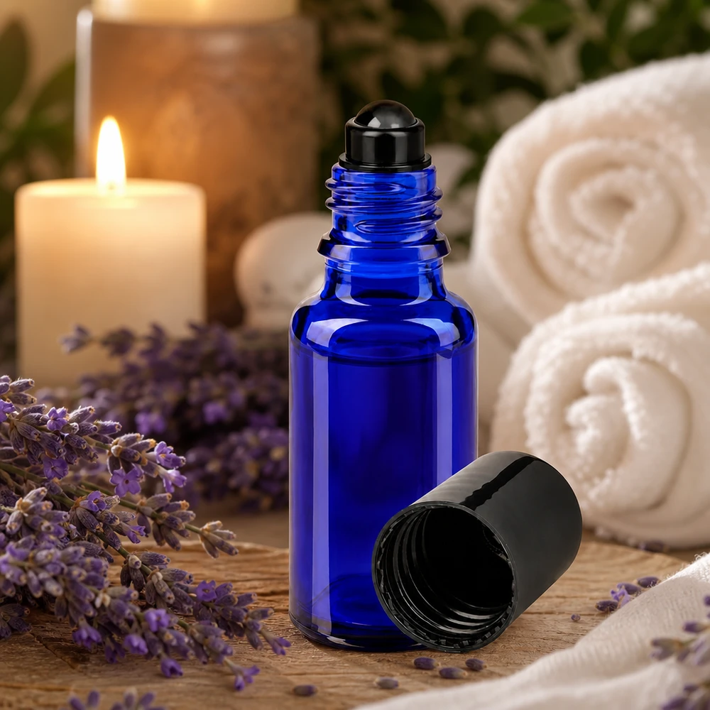 Flacon de déodorant en verre bleu 20 ml, déo à bille vide Flacon roll-on de 20 ml en verre bleu, avec de la lavande et une bougie, dans une ambiance spa