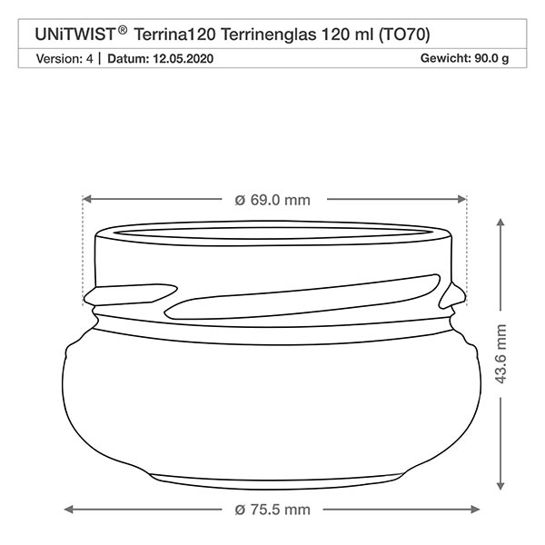 120ml Verre terrine sans couvercle (TO70) UNiTWIST UNiTWIST Terrina120 verre à terrine 120ml TO70 avec dessin technique et dimensions 69mm diamètre 43,6mm hauteur