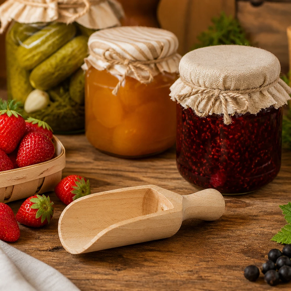 Pelle en bois M 14cm semi-circulaire dans cuisine rustique décorée de bocaux de confiture et de fraises fraîches