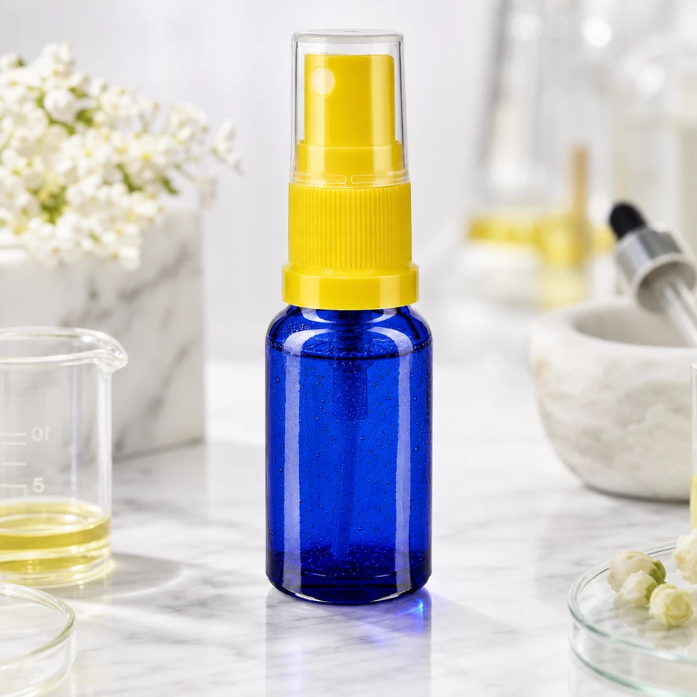 Flacon de pharmacie bleu 30ml embout spray jaune Flacon de pharmacie bleu de 30 ml avec vaporisateur, pour huiles essentielles et préparations cosmétiques