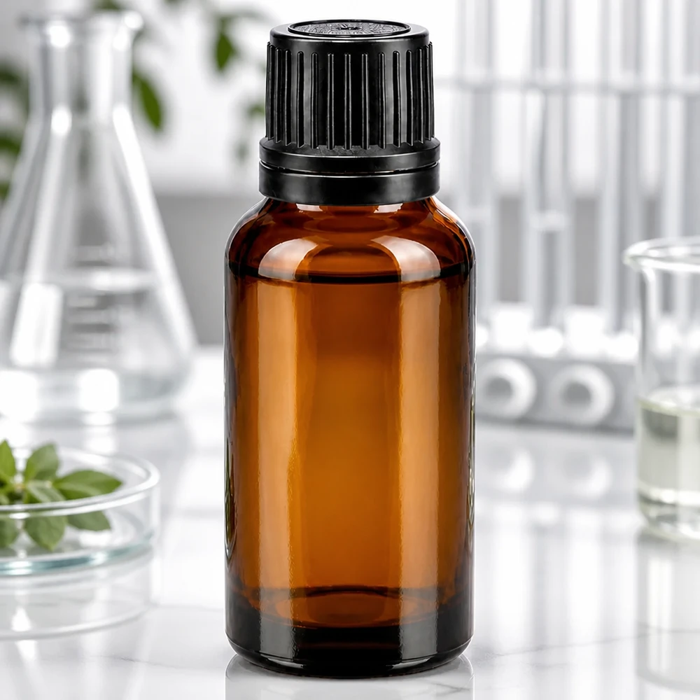 Flacon en verre brun de 20ml avec bouchon vissable noir et bague verseuse Petite fiole en verre brun de 20 ml avec bouchon à vis noir à l'épreuve des enfants, destinée aux applications de laboratoire