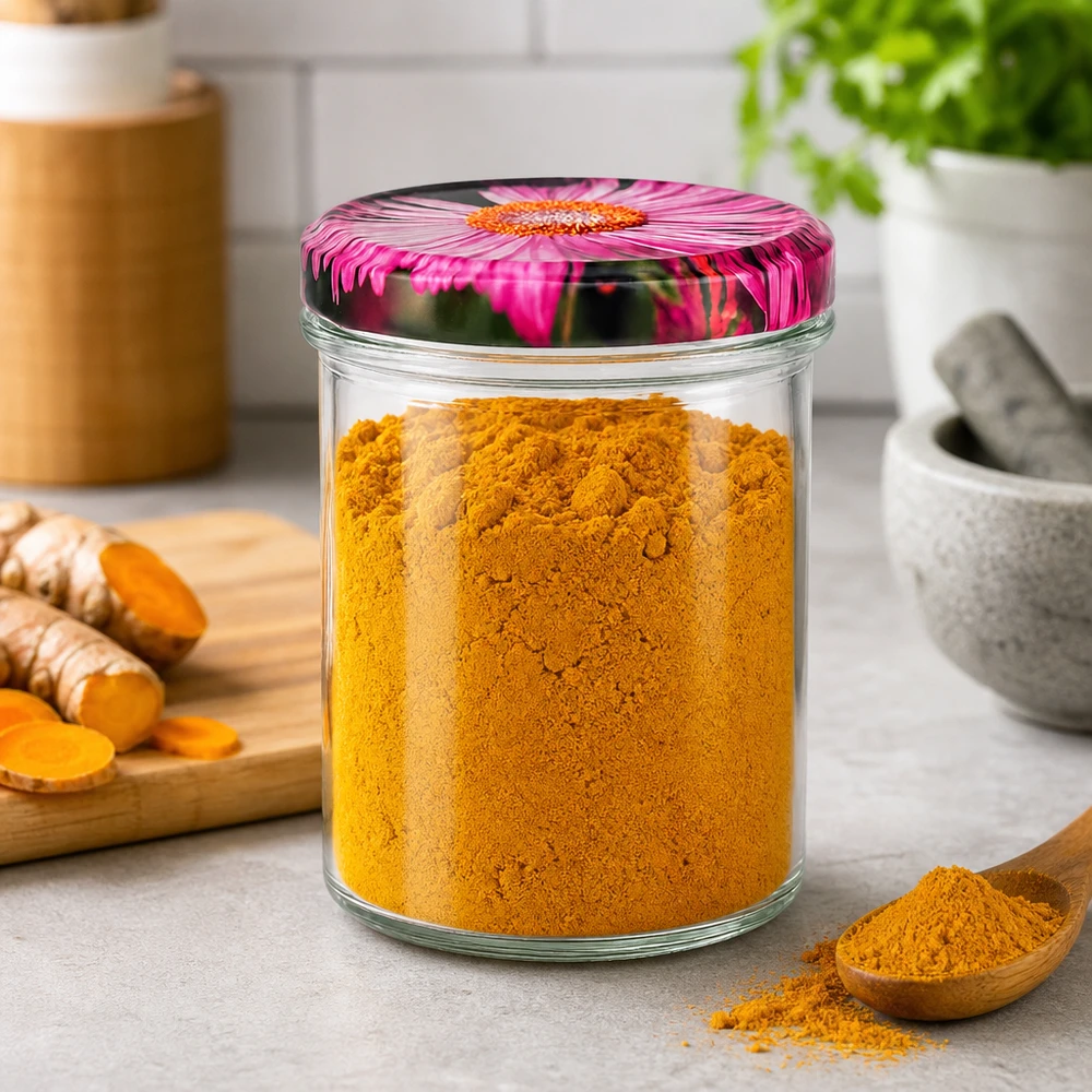 350ml Verre conique avec couvercle BasicSeal decor floral UNiTWIST Pot de stockage 350ml avec couvercle en gerbera rempli de poudre de curcuma à côté de racines de curcuma fraîches dans une ambiance de cuisine