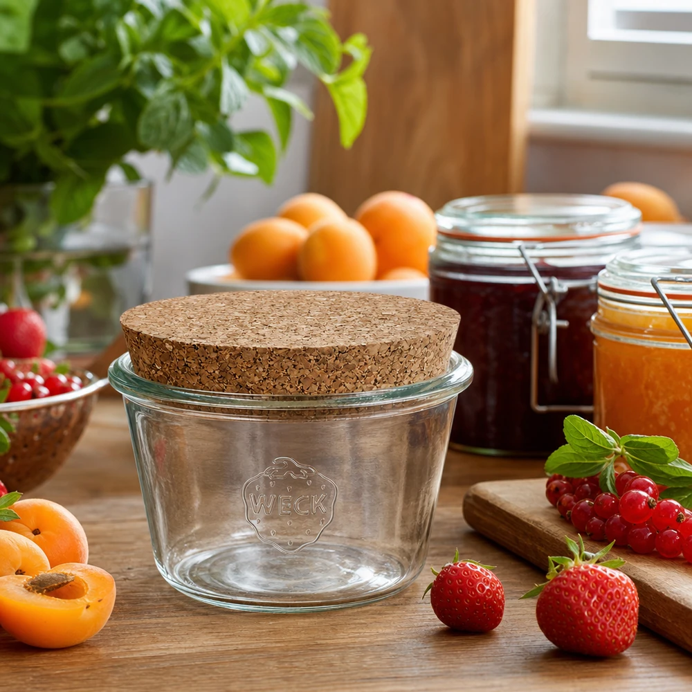 370ml bocal conique WECK RR100 avec bouchon nature WECK RR100 Verre renversé 370ml Couvercle en liège dans une scène de cuisine avec des fruits frais et des pots de confiture sur une table en bois