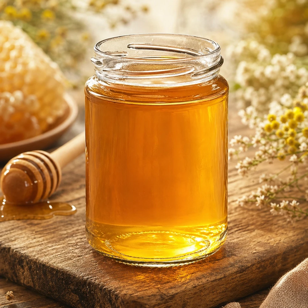 390ml Verre rond sans couvercle (TO70) UNiTWIST UNiTWIST Runda390 Pot rond 390ml TO70 rempli de miel jaune doré sur planche en bois à côté de rayons de miel et d'une cuillère à miel