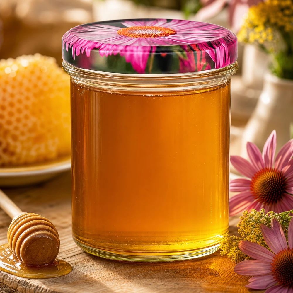 Pot de conserve 350 ml avec couvercle BasicSeal fleur rempli de miel doré à côté d'un nid d'abeille et d'un bâton de miel en bois