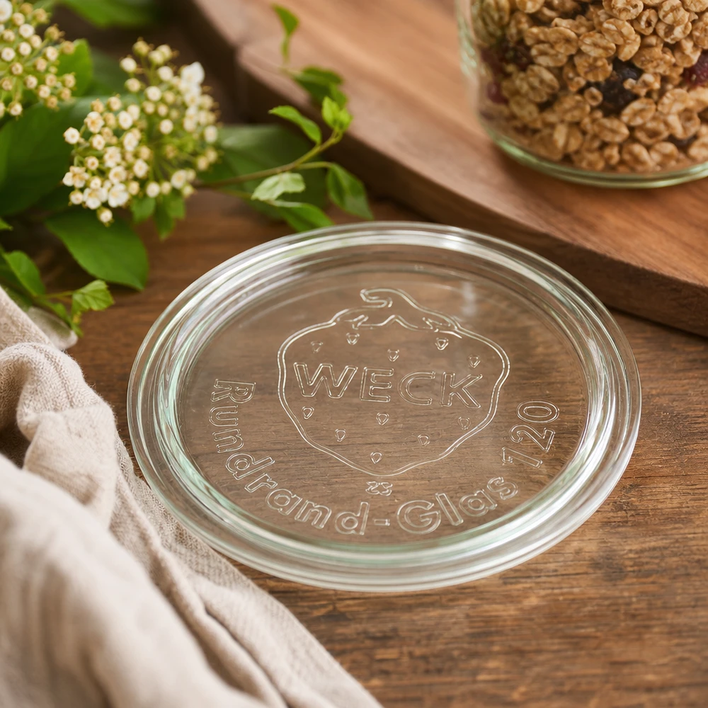 Couvercle en verre WECK RR120 WECK Couvercle en verre RR120 Détail du logo en relief sur fond bois à côté de noix et de fleurs blanches