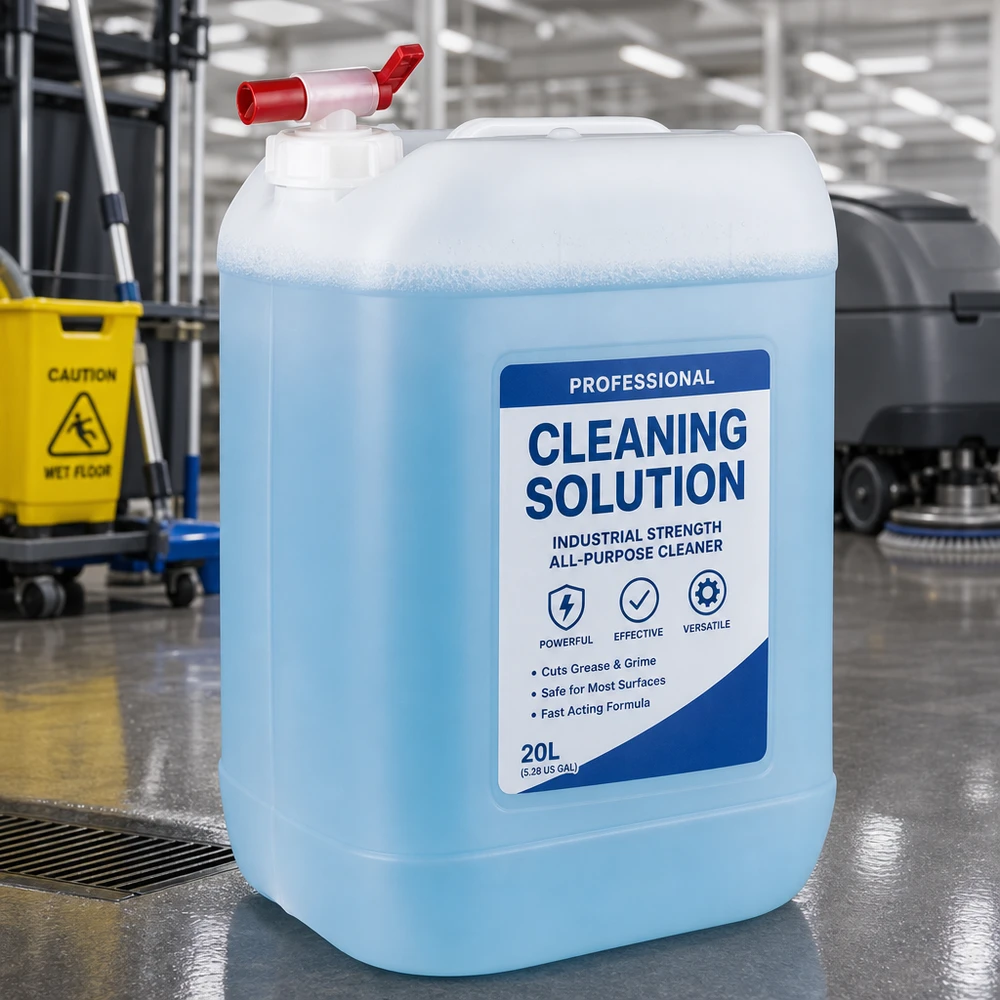 Bidon bleu transparent de 25 litres muni d'un robinet à boisseau rouge, posé sur un sol en béton