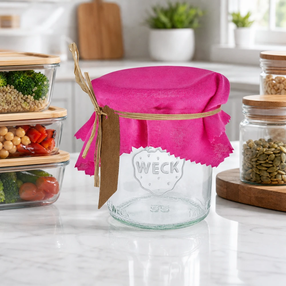 Tissu napperon pour décoratif rose 12cm carré Cache-bijoux en tissu rose 12cm carré sur un bocal Weck vide avec ruban en raphia dans une cuisine moderne avec des bocaux à provisions
