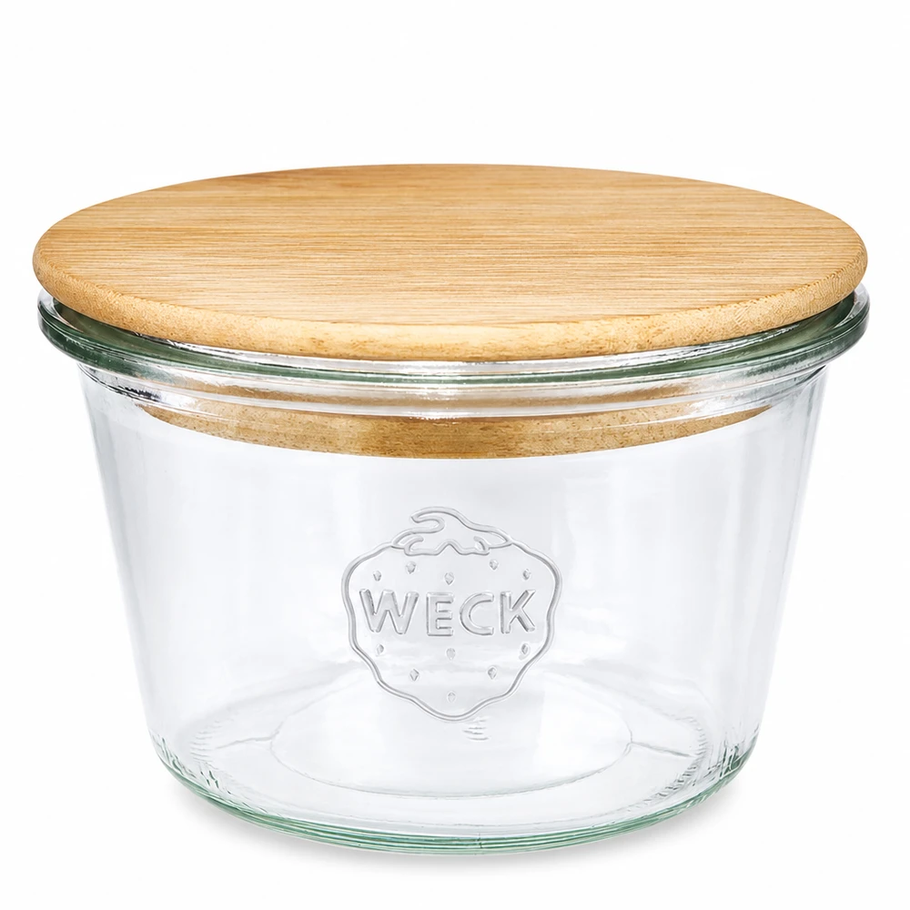 370ml bocal conique WECK RR100 avec couvercle en bois 370ml WECK RR100 Bocal en verre avec couvercle en bois - bocal rond en verre avec couvercle en bambou pour la cuisine