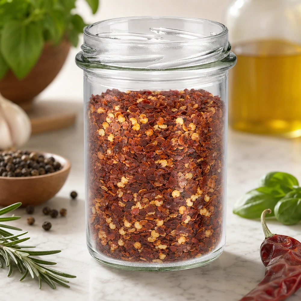 UNiTWIST Sturz230 Verre renversé 230ml TO66 rempli de mélange d'épices au piment sur table de cuisine avec des herbes aromatiques