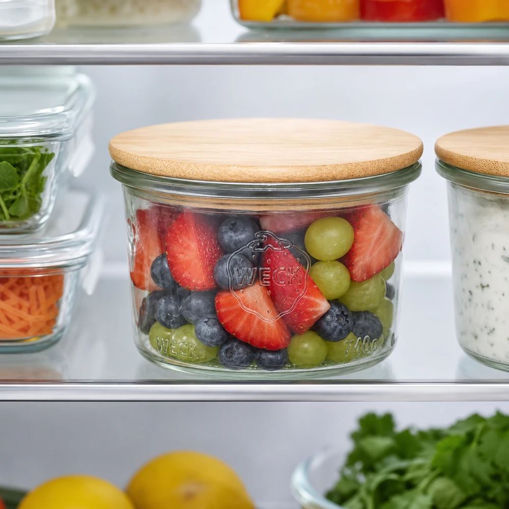 200ml bocal conique WECK RR80 avec couvercle en bois WECK Bocal 200ml RR80 avec couvercle en bambou rempli de salade de fruits colorée au réfrigérateur pour une conservation optimale des aliments.