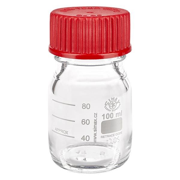 Fiole de laboratoire de 100 ml avec filetage + bouchon rouge + anneau Fiole de laboratoire de 100 ml avec filetage + bouchon rouge + anneau