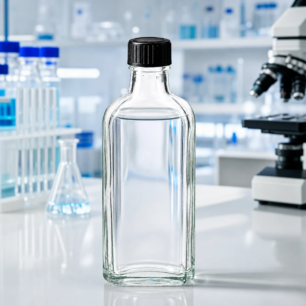 Flacon Meplat transparent de 100 ml avec joint d'étanchéité LKD, destiné à un usage professionnel en laboratoire