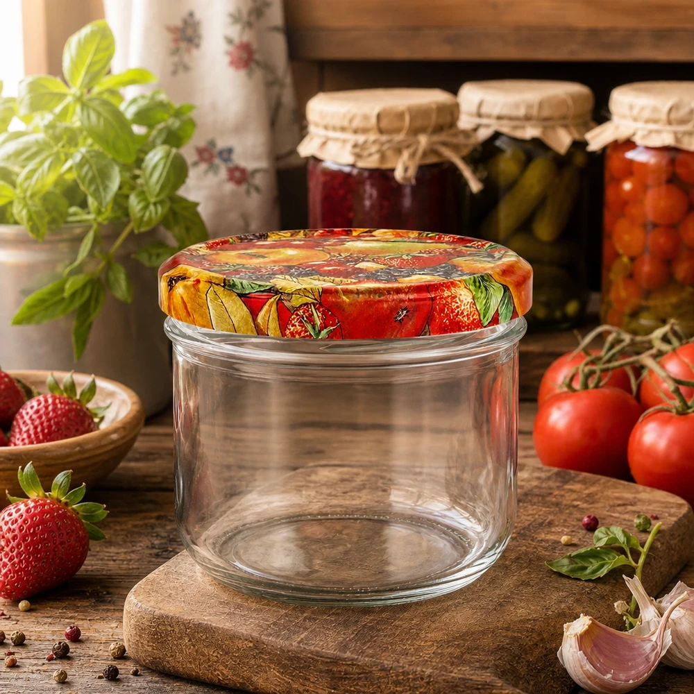 260ml Verre conique avec couvercle BasicSeal décor fruits UNiTWIST Leeres 260ml Sturzglas mit dekorativem Obst-Deckel umgeben von frischen Tomaten und Erdbeeren in Küche