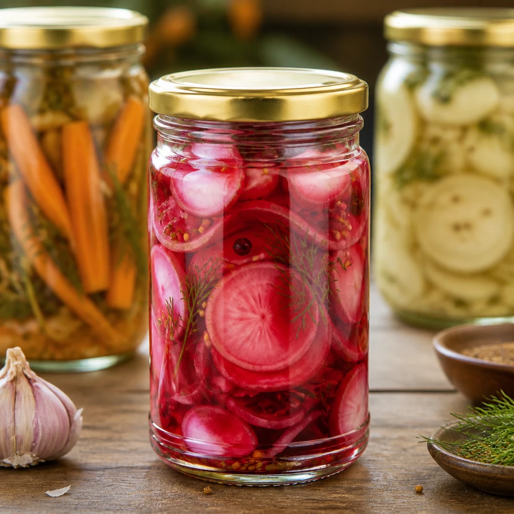 Radis marinés en bocal de 1053 ml avec couvercle BasicSeal doré à côté de légumes marinés et d'épices