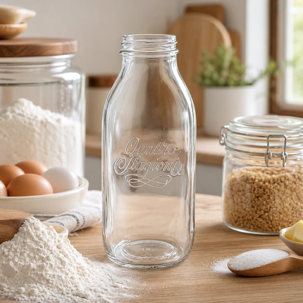 Bouteille à col large 1000ml Quattro Stagioni en verre dans une cuisine rustique avec des ingrédients de cuisine et des bocaux de stockage