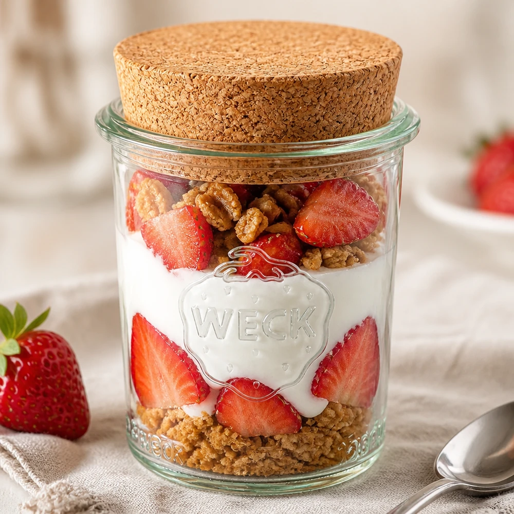 WECK Pot renversé 160ml RR60 rempli de yaourt fraises et noix comme dessert dans un pot avec couvercle en liège