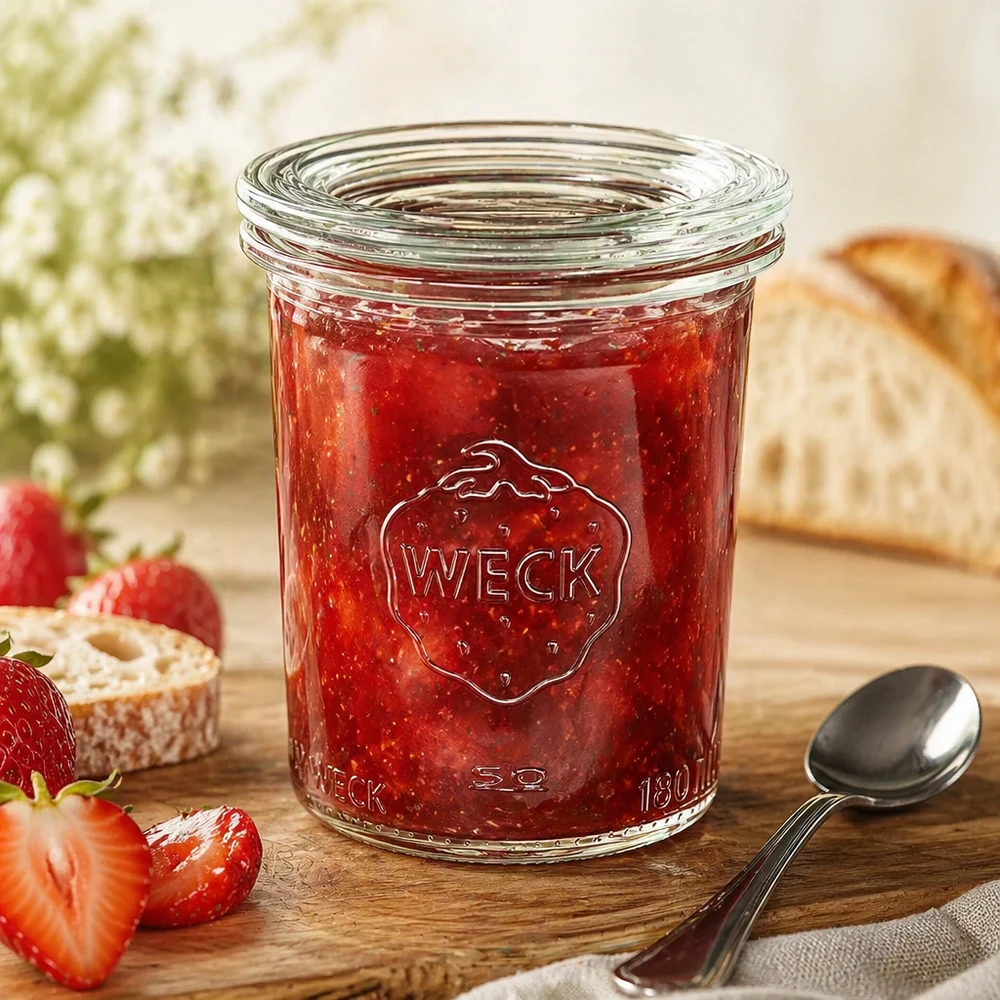 WECK Pot renversé RR60 160ml avec confiture de fraises rouges et cuillère, arrangé de manière décorative avec du pain et des fraises