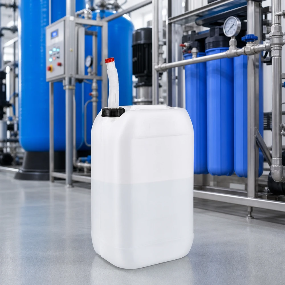 Bidon de 15 litres adapté au contact alimentaire, muni d'un bec verseur flexible, installé en amont d'une station de traitement de l'eau